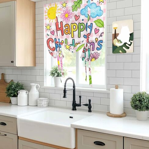 Tie Up Curtains for Kitchen Windows,Adjustable Rod Pocket Children's Day Valance 63 Inch Long, Cartoon Cute Sun Nature Flowers Leaf Window Treatment Balloon Roman Blind Shade, 46" x 63" in Kuwait