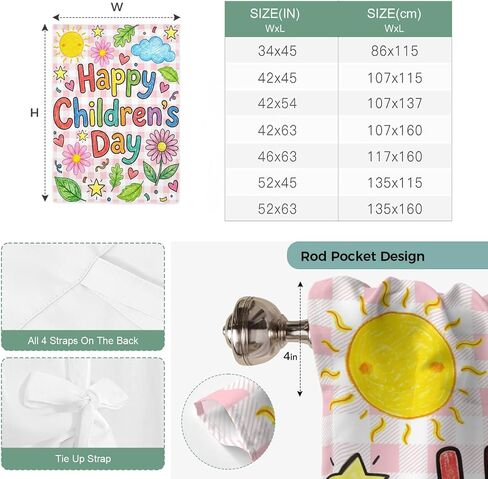 Tie Up Curtains for Kitchen Windows,Adjustable Rod Pocket Children's Day Valance 63 Inch Long, Cartoon Cute Sun Nature Flowers Leaf Window Treatment Balloon Roman Blind Shade, 46" x 63" in Kuwait