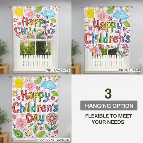 Tie Up Curtains for Kitchen Windows,Adjustable Rod Pocket Children's Day Valance 63 Inch Long, Cartoon Cute Sun Nature Flowers Leaf Window Treatment Balloon Roman Blind Shade, 46" x 63" in Kuwait