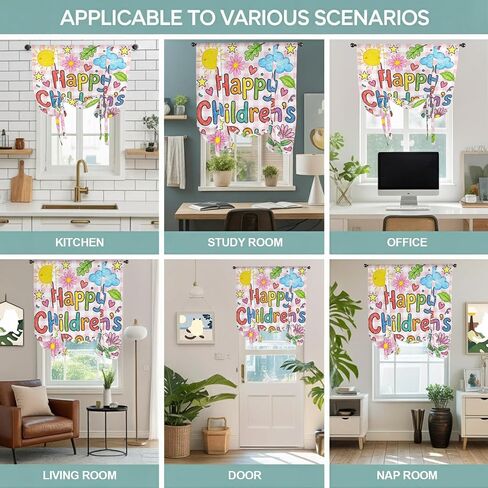 Tie Up Curtains for Kitchen Windows,Adjustable Rod Pocket Children's Day Valance 63 Inch Long, Cartoon Cute Sun Nature Flowers Leaf Window Treatment Balloon Roman Blind Shade, 46" x 63" in Kuwait