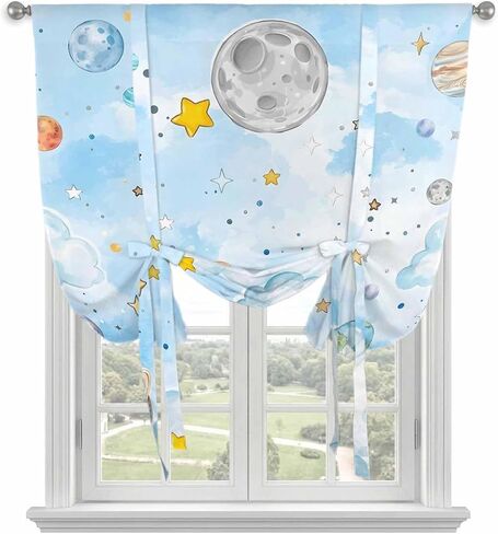 Tie Up Curtains for Kitchen Windows,Adjustable Rod Pocket Children's Day Valance 54 Inch Long, Galaxy Universe Stars Planets Moons Window Treatment Balloon Roman Blind Shade, 42" x 54" in Kuwait