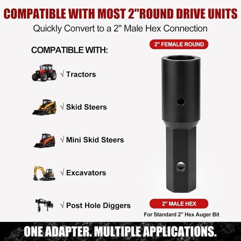 Auger Adapter 2" Round to 2" Hex, Heavy Duty Auger Coupler Connector for Skid Steer, Loader, Post Hole Digger, Earth Drill Bits, Fencing, Landscaping Project Converter, Fully Welded Steel in Kuwait