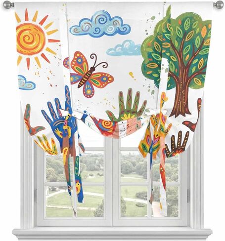 Tie Up Curtains for Kitchen Windows,Adjustable Rod Pocket Children's Day Valance 63 Inch Long, Cartoon Handprint Butterfly Retro Beige Window Treatment Balloon Roman Blind Shade, 42" x 63" in Kuwait