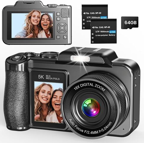 Digital Camera, 5K 80MP 3.5"+2" Dual Screen Cameras for Photography Autofocus, 18X Digital Zoom Vlogging Camera for YouTube, Travel, Beginners, Include 64GB Card and 2 Batteries, Black in Kuwait