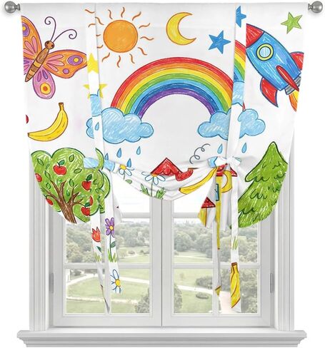 Tie Up Curtains for Kitchen Windows,Adjustable Rod Pocket Children's Day Valance 63 Inch Long, Cartoon Painting Rainbow Rocket Butterfly Window Treatment Balloon Roman Blind Shade, 42" x 63" in Kuwait