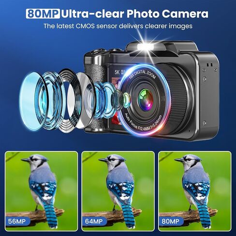 Digital Camera, 5K 80MP 3.5"+2" Dual Screen Cameras for Photography Autofocus, 18X Digital Zoom Vlogging Camera for YouTube, Travel, Beginners, Include 64GB Card and 2 Batteries, Black in Kuwait