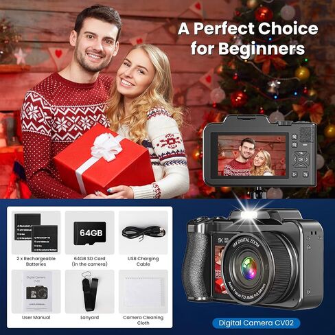 Digital Camera, 5K 80MP 3.5"+2" Dual Screen Cameras for Photography Autofocus, 18X Digital Zoom Vlogging Camera for YouTube, Travel, Beginners, Include 64GB Card and 2 Batteries, Black in Kuwait