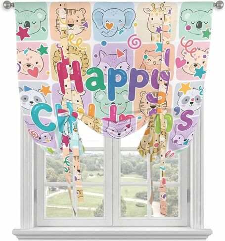 Tie Up Curtains for Kitchen Windows,Adjustable Rod Pocket Happy Children's Day Valance 63 Inch Long, Cartoon Curtain Animals Window Treatment Balloon Roman Blind Shade, 46" x 63" in Kuwait