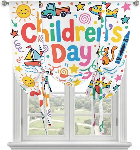 Tie Up Curtains for Kitchen Windows,Adjustable Rod Pocket Children's Day Valance 45 Inch Short, Cartoon Cute Watercolor Truck Cat Blue Window Treatment Balloon Roman Blind Shade, 42" x 45" in Kuwait