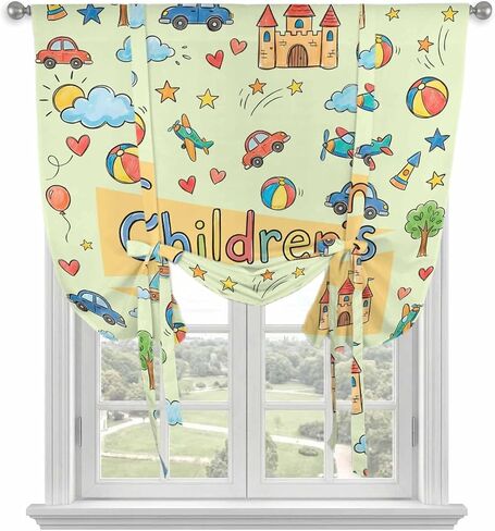 Tie Up Curtains for Kitchen Windows,Adjustable Rod Pocket Happy Children's Day Valance 45 Inch Short, Cartoon Castle Childhood Innocence Window Treatment Balloon Roman Blind Shade, 52" x 45" in Kuwait