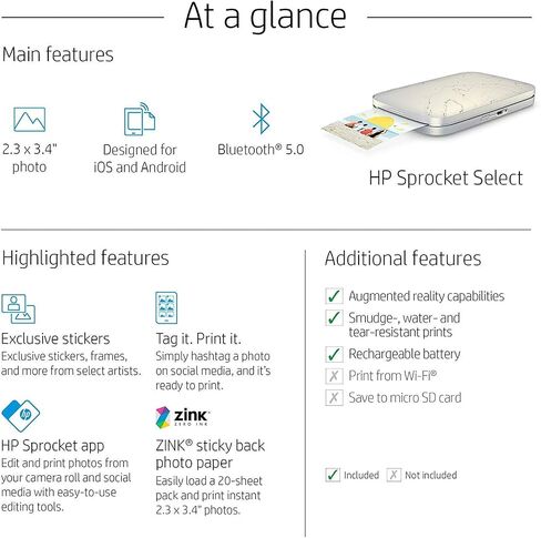HP Sprocket Select Portable Photo Printer – Stylize Social Media Photos and Print 30% Larger Pictures on 2.3x3.4" Sticky-Backed Paper (5XH49A) in Kuwait