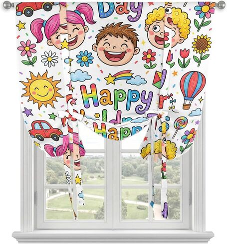 Tie Up Curtains for Kitchen Windows,Adjustable Rod Pocket Children's Day Valance 63 Inch Long, Cartoon Cute Watercolor Truck Flower Window Treatment Balloon Roman Blind Shade, 42" x 63" in Kuwait