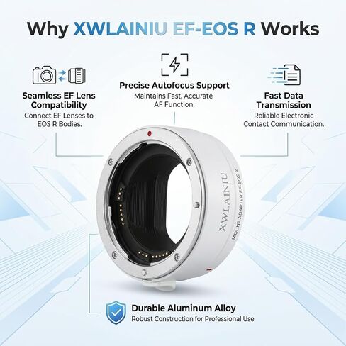 EF-EOS R AF Adapter for Canon EF/EF-S to EOS-R Cameras | Auto Focus, full electronic link, IS & EXIF support, CNC aluminum mount, zero image loss, fits Canon EOS R series,White in Kuwait
