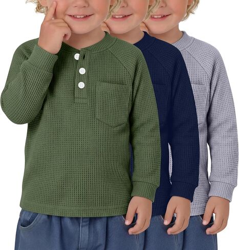 3 Pack Toddler Boys Henley Tops | 12M-5T, Baby, Kids, Little Girls, Long Sleeve Shirts, Waffle Knit, Thermal Tops, Henley, Casual Basic T-Shirts, School Wear in Kuwait
