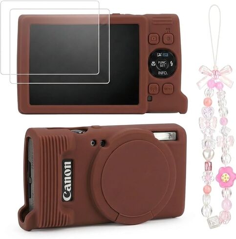 Case for Canon PowerShot ELPH 360/IXY 650 with Cute Charm Wrist Strap and Screen Protector, Built-in Lens Cap Silicone Protective Cover for Canon ELPH 360 HS/IXY 650 - Coffee Brown in Kuwait
