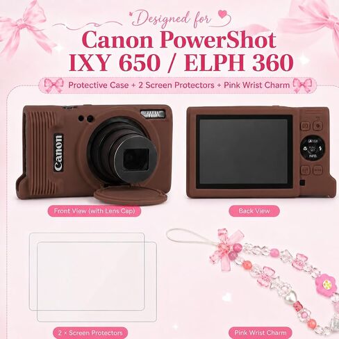 Case for Canon PowerShot ELPH 360/IXY 650 with Cute Charm Wrist Strap and Screen Protector, Built-in Lens Cap Silicone Protective Cover for Canon ELPH 360 HS/IXY 650 - Coffee Brown in Kuwait