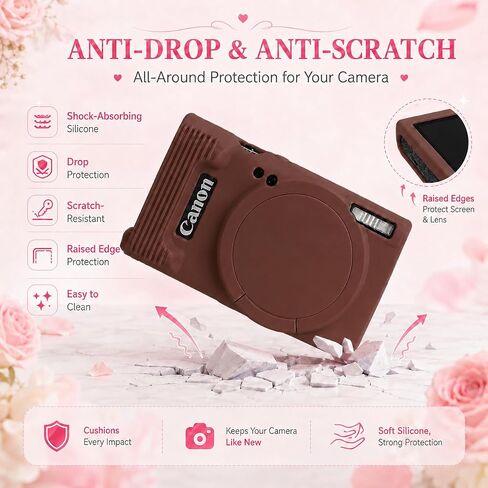 Case for Canon PowerShot ELPH 360/IXY 650 with Cute Charm Wrist Strap and Screen Protector, Built-in Lens Cap Silicone Protective Cover for Canon ELPH 360 HS/IXY 650 - Coffee Brown in Kuwait