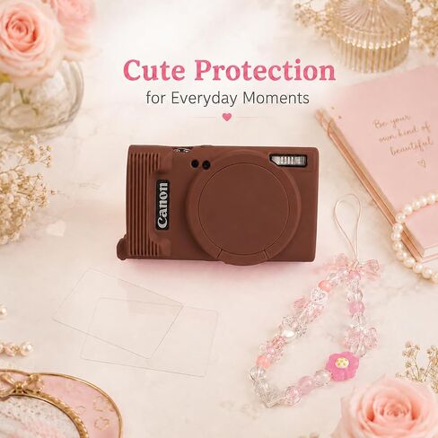 Case for Canon PowerShot ELPH 360/IXY 650 with Cute Charm Wrist Strap and Screen Protector, Built-in Lens Cap Silicone Protective Cover for Canon ELPH 360 HS/IXY 650 - Coffee Brown in Kuwait