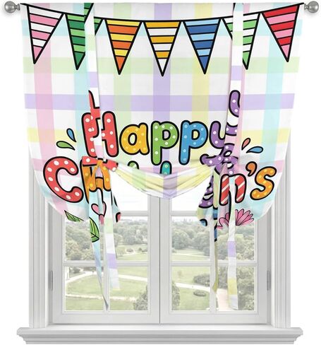 Tie Up Curtains for Kitchen Windows,Adjustable Rod Pocket Children's Day Valance 54 Inch Long, Cartoon Colorful Polka Dot Flowers Leaf Window Treatment Balloon Roman Blind Shade, 42" x 54" in Kuwait