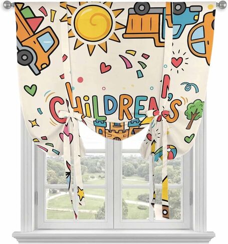 Tie Up Curtains for Small Windows,Adjustable Rod Pocket Children's Day Valance 45 Inch Short, Car Tree Stars Modern Abstract Art Cartoon Window Treatment Balloon Roman Blind Shade, 34" x 45" in Kuwait