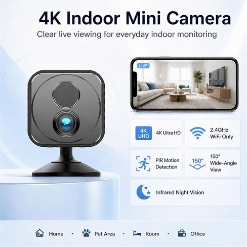 Mini Camera Wireless 4K WiFi Security Camera, Battery Powered PIR Alerts | 150° wide view for home, pet and office monitoring, 1200mAh rechargeable battery with up to 30-day standby and app control in Kuwait