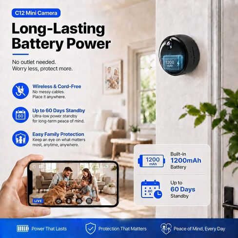 4K Mini Indoor Security Camera Wirless Nanny Cam with 60-Days Battery Life | Auto Night Vision, Motion Detection & Alerts, Local Storage, Live Remote Viewing for Pet, Baby, Nanny and Home Security in Kuwait