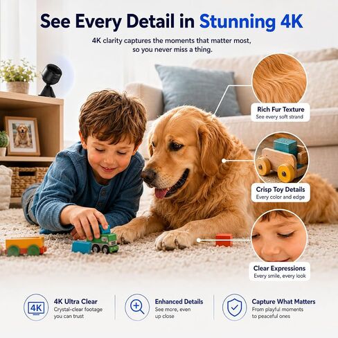 4K Mini Indoor Security Camera Wirless Nanny Cam with 60-Days Battery Life | Auto Night Vision, Motion Detection & Alerts, Local Storage, Live Remote Viewing for Pet, Baby, Nanny and Home Security in Kuwait