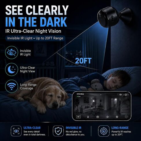 4K Mini Indoor Security Camera Wirless Nanny Cam with 60-Days Battery Life | Auto Night Vision, Motion Detection & Alerts, Local Storage, Live Remote Viewing for Pet, Baby, Nanny and Home Security in Kuwait