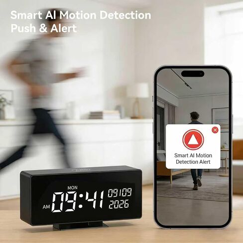 Clock Camera, 1080P Full HD, Security Camera, with Night Vision, Bluetooth Connection，AI Motion Detection Alarm, Local & Cloud Storage, Nanny Camera for Indoor Home Security in Kuwait