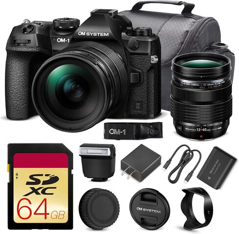 OM SYSTEM OM-1 Mark II Mirrorless Camera with 12-40mm f/2.8 PRO Lens Bundle | 20MP Stacked BSI Sensor, 5-Axis IBIS, 120fps Burst & 4K Video | for Travel & Wildlife (V210041BU000) + 64GB Card + Bag in Kuwait