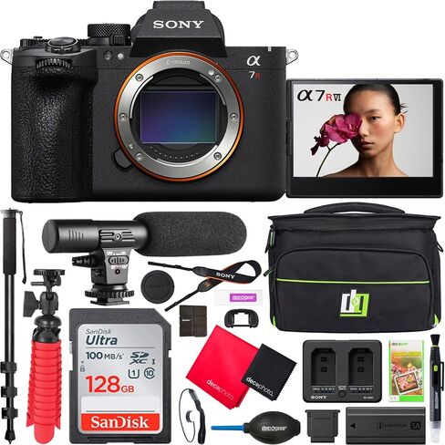 Sony Alpha 7R VI 66.8MP Full Frame Mirrorless Camera Body ILCE-7RM6 Bundle with Sandisk 128GB Memory Card + Camera Bag (M) + 72-Inch Black Monopod + Deco Gear Universal Mini Condenser Microphone in Kuwait