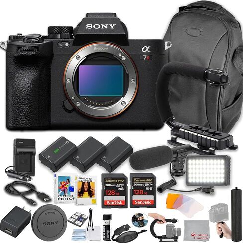 Sony a7R V Mirrorless Camera + 256GB Memory + Microphone + LED Video Light + Spare Batteries + U-Grip + Hand Grip + More (Pro Bundle), Black in Kuwait