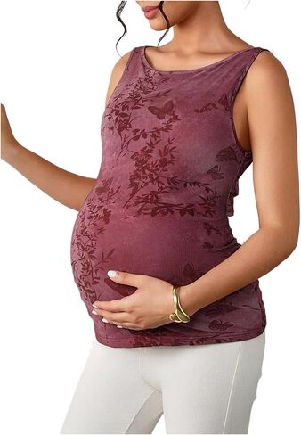 RoseSeek Women's Maternity Tank Tops Botanical Print Tie Back Tops Crew Neck Elegant Slim Fit Top in Kuwait