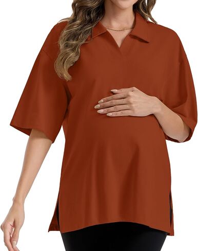 Sosolism Cool-Touch Maternity Shirt for Women's 100% Cotton Polo Collar | Dropped shoulder Short Sleeve Side Slits Oversized Polo Maternity Shirt, 230gsm Cool-Touch Breathable Sotf 100%Cotton in Kuwait