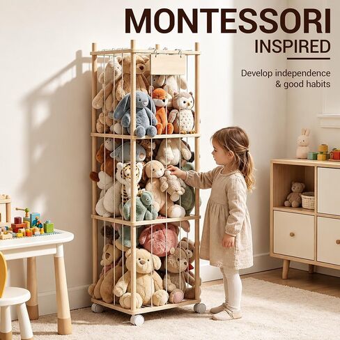 KiddoCood Kids Large Stuffed Animal Storage & Plush Toy Organizer, 54.5" H | 3 Tier Solid Wood Plush Holder, BPA-Free & Zero Glue, CPC & TIC Certified, Corner Solution for Playroom & Nursery in Kuwait
