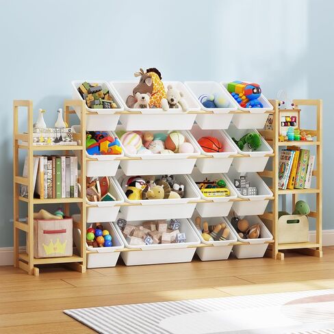 Large Toy Storage Organizer, 12 Removable Bins and 6 Open Shelving Units Combination, Natural Solid Wood Organizer Kids Bookshelf, Toy Storage for Kids Room, Playroom, Multi Color in Kuwait
