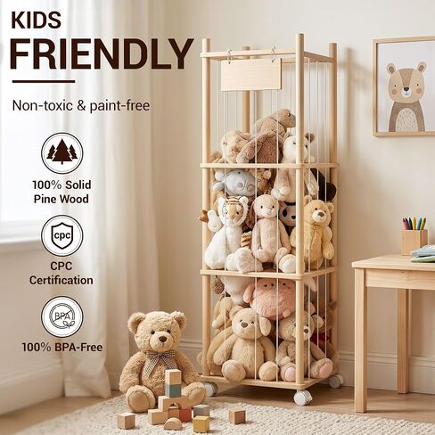 KiddoCood Kids Large Stuffed Animal Storage & Plush Toy Organizer, 54.5" H | 3 Tier Solid Wood Plush Holder, BPA-Free & Zero Glue, CPC & TIC Certified, Corner Solution for Playroom & Nursery in Kuwait