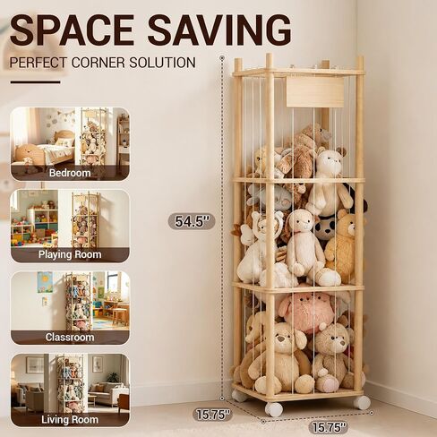KiddoCood Kids Large Stuffed Animal Storage & Plush Toy Organizer, 54.5" H | 3 Tier Solid Wood Plush Holder, BPA-Free & Zero Glue, CPC & TIC Certified, Corner Solution for Playroom & Nursery in Kuwait