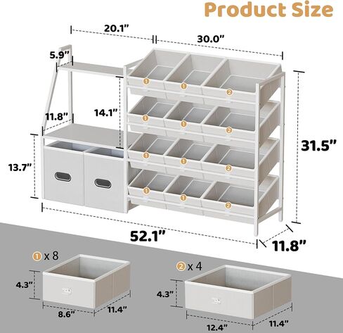 CODACE Kids Toy Storage Organizer - Toy Storage Shelf for Toddlers with 12 Removable Fabric Bins & 2 Boxes & 2-Tier Bookshelves, Organization for Playroom & Bedroom & Nursery, Anti-Tip Design, White in Kuwait