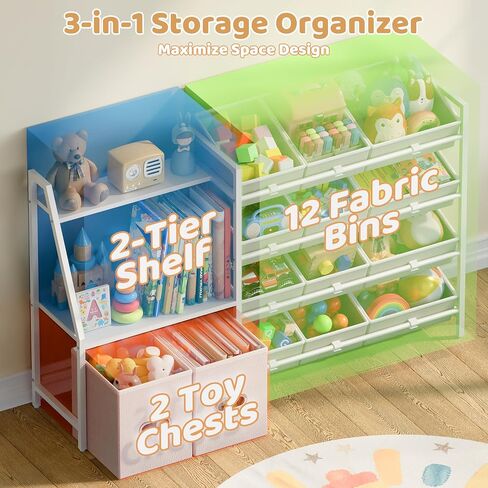 CODACE Kids Toy Storage Organizer - Toy Storage Shelf for Toddlers with 12 Removable Fabric Bins & 2 Boxes & 2-Tier Bookshelves, Organization for Playroom & Bedroom & Nursery, Anti-Tip Design, White in Kuwait
