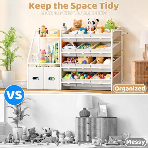 CODACE Kids Toy Storage Organizer - Toy Storage Shelf for Toddlers with 12 Removable Fabric Bins & 2 Boxes & 2-Tier Bookshelves, Organization for Playroom & Bedroom & Nursery, Anti-Tip Design, White in Kuwait