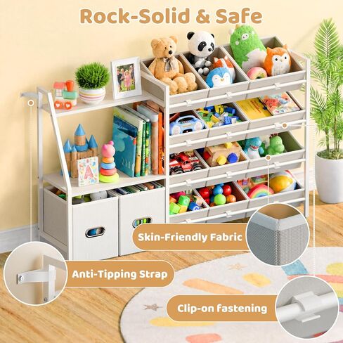 CODACE Kids Toy Storage Organizer - Toy Storage Shelf for Toddlers with 12 Removable Fabric Bins & 2 Boxes & 2-Tier Bookshelves, Organization for Playroom & Bedroom & Nursery, Anti-Tip Design, White in Kuwait