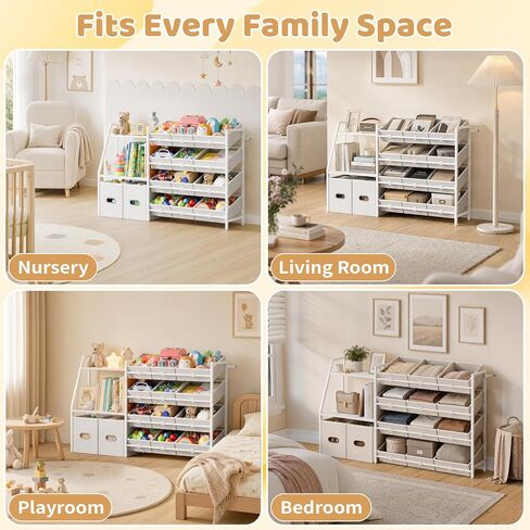 CODACE Kids Toy Storage Organizer - Toy Storage Shelf for Toddlers with 12 Removable Fabric Bins & 2 Boxes & 2-Tier Bookshelves, Organization for Playroom & Bedroom & Nursery, Anti-Tip Design, White in Kuwait