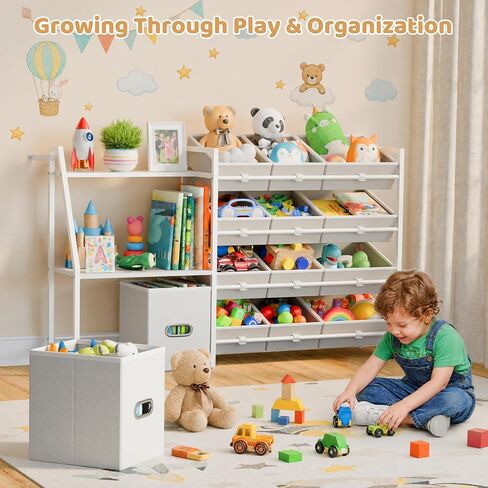 CODACE Kids Toy Storage Organizer - Toy Storage Shelf for Toddlers with 12 Removable Fabric Bins & 2 Boxes & 2-Tier Bookshelves, Organization for Playroom & Bedroom & Nursery, Anti-Tip Design, White in Kuwait