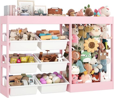 50.6" W Toy Storage, Large Kids Toy Organizer with 153L Stuffed Animal Zoo, 6 Removable Plastic Bins and Open Top Compartment, Wooden Toddler Cabinet for Girls Boys Playroom, Nursery in Kuwait
