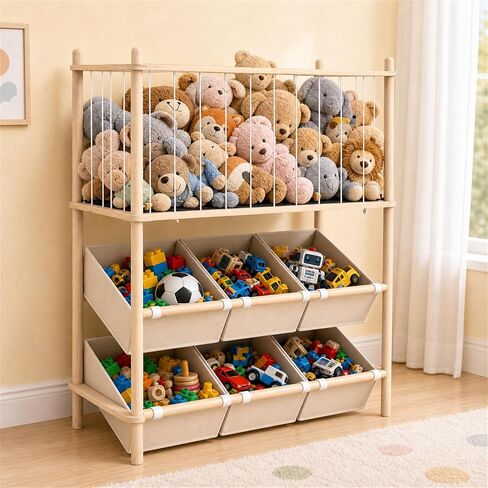 EAQ 2-in-1 Stuffed Animal Storage & Toy Organizer for Kids Rooms, 6 Bins | Wooden stuffed animal and toy organizer with pre-installed cords, space-saving for playrooms, bedrooms and nurseries. in Kuwait