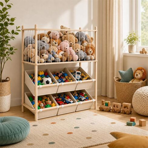 EAQ 2-in-1 Stuffed Animal Storage & Toy Organizer for Kids Rooms, 6 Bins | Wooden stuffed animal and toy organizer with pre-installed cords, space-saving for playrooms, bedrooms and nurseries. in Kuwait