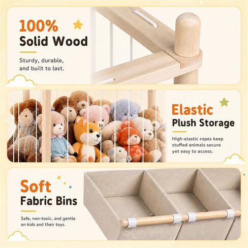 EAQ 2-in-1 Stuffed Animal Storage & Toy Organizer for Kids Rooms, 6 Bins | Wooden stuffed animal and toy organizer with pre-installed cords, space-saving for playrooms, bedrooms and nurseries. in Kuwait