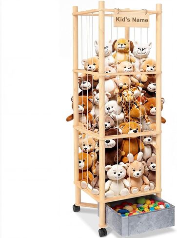 Stuffed Animal Storage with Toys Tray, 57In Large Wooden Stuffy Plushies Storage Holder Extra Large Capacity Stuffed Animals Zoo Organizer for Toddler Rooms, Playrooms & Bedrooms (Toys Tray & Wheels) in Kuwait