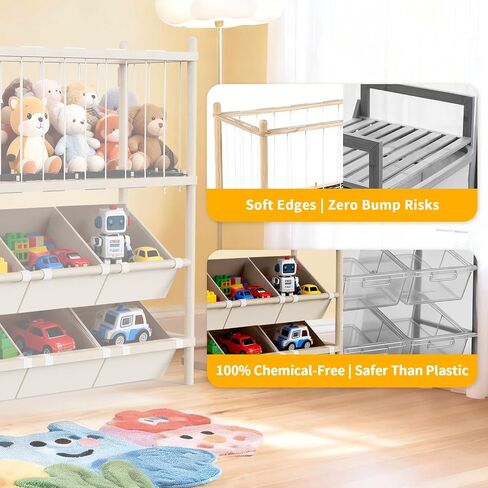 EAQ 2-in-1 Stuffed Animal Storage & Toy Organizer for Kids Rooms, 6 Bins | Wooden stuffed animal and toy organizer with pre-installed cords, space-saving for playrooms, bedrooms and nurseries. in Kuwait